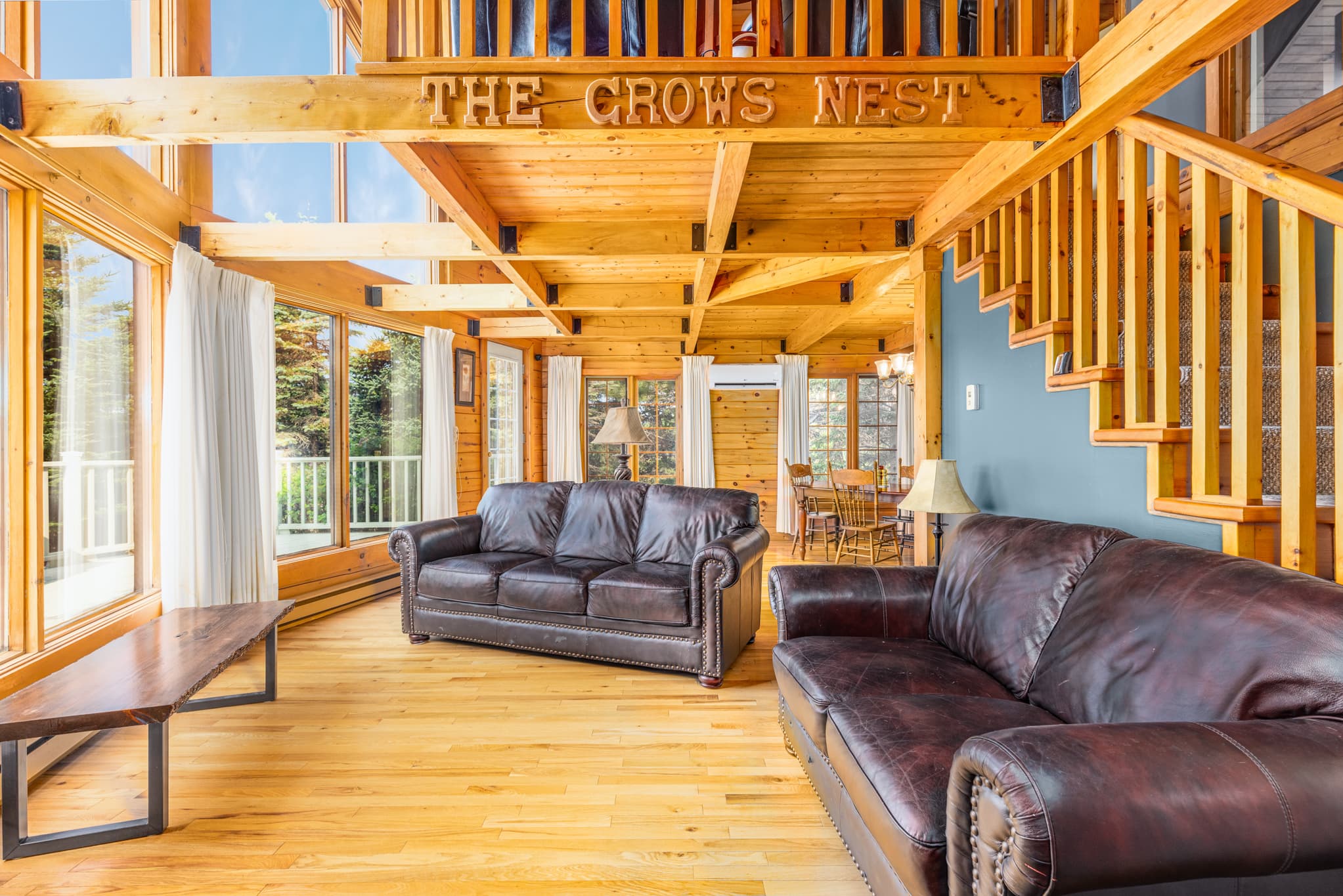 Sunlit interior with log walls